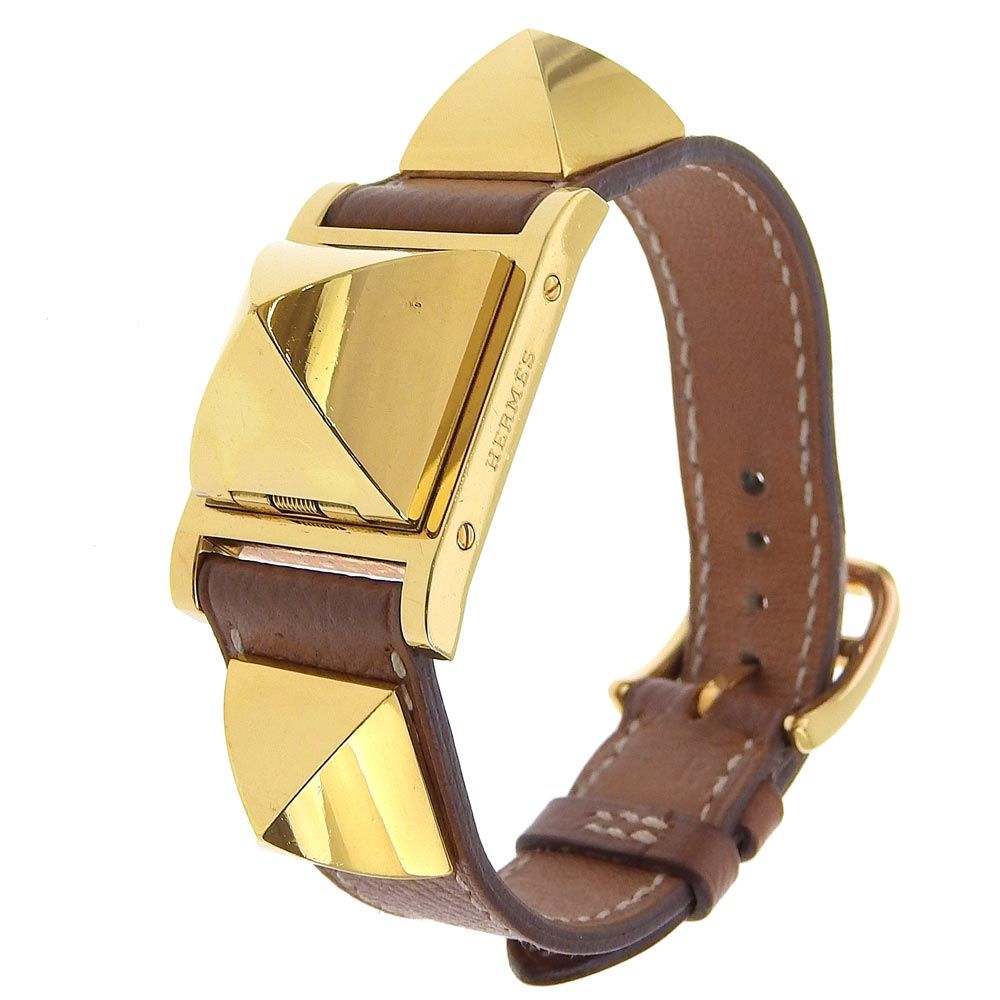 HERMES】エルメス メドール 金メッキ×レザー 〇Y クオーツ