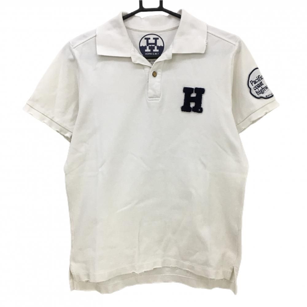 HORN GARMENT ポロシャツ ホワイト/ネイビー 美品】ホーンガーメント 半袖ポロシャツ 白×ネイビー 胸さがら
