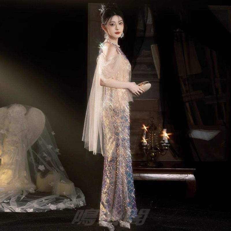 色鮮やかな 送料無料 レディース 掛け襟 ロングドレス 魚尾 亮片 感 宴会 成人式 司会 小顔効果WPまとめ買い割引103