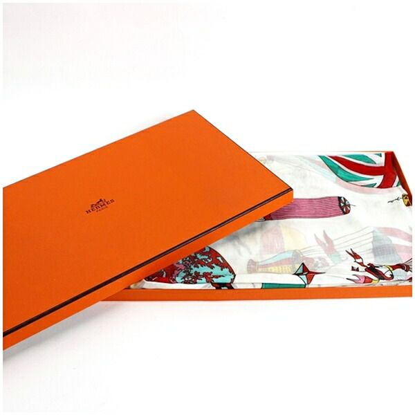 エルメス コットン 大判ストール ホワイト レッド 気球 中古 Aランク