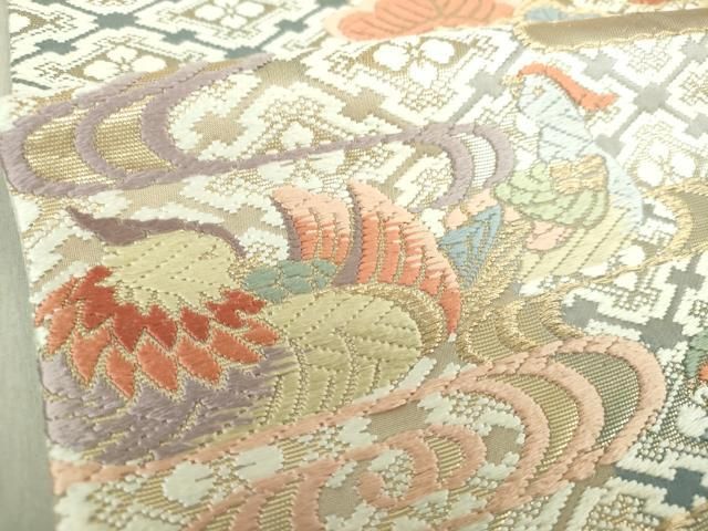 平和屋着物○六通柄袋帯 唐織 霞流水鴛鴦花文 金糸 正絹 逸品