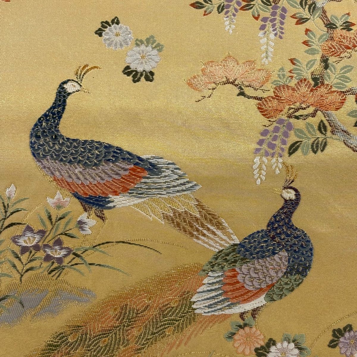 袋帯 美品 秀品 孔雀 草花 金糸 箔 金色 お太鼓柄 正絹 【中古 袋帯 美品 秀品 孔雀 草花 金糸 箔 金色 お太鼓柄 正絹 【中古