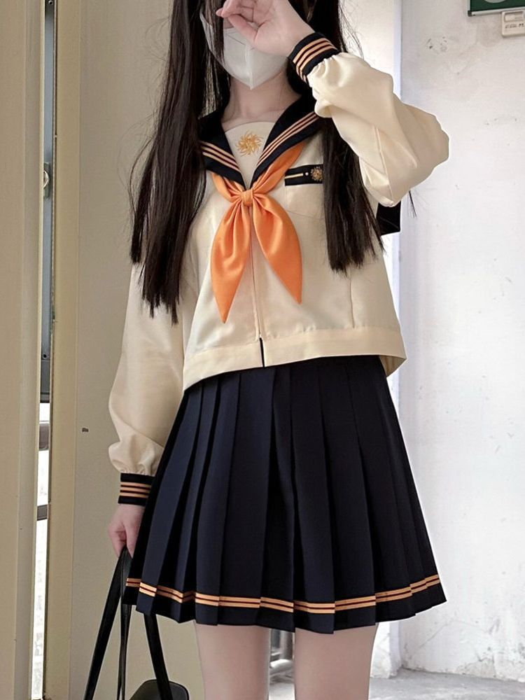 セーラー服 女子高校生 女の子 レディース 3点セット トップス スカート リボン K制服 学生制服 上下 長袖 コスプレ 制服コスプレ 女子制服 正統派 本格 三本 文化祭 学歳 卒業式 歓送迎会 yunrui18