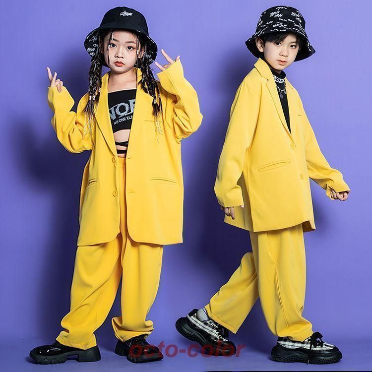  黄色 キッズ ダンス衣装 スーツ セットアップ シンプル かっこいい 上品 ゆったり セット 長袖 男の子 女の子 へそ出し ダンス トップス ダボパン673 着ぐるみ コスチューム キッズ服(100cm~)