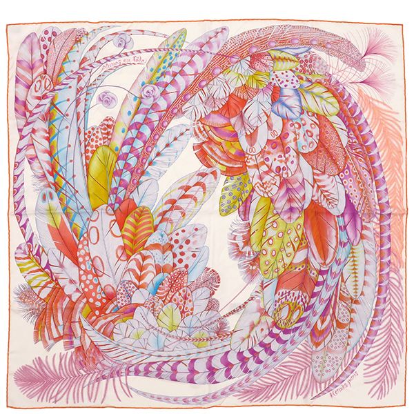 エルメス HERMES スカーフ カレ90 CARRE シルク ホワイト×コーラル×パルム Plumes en Fete|プリュム アン フェット