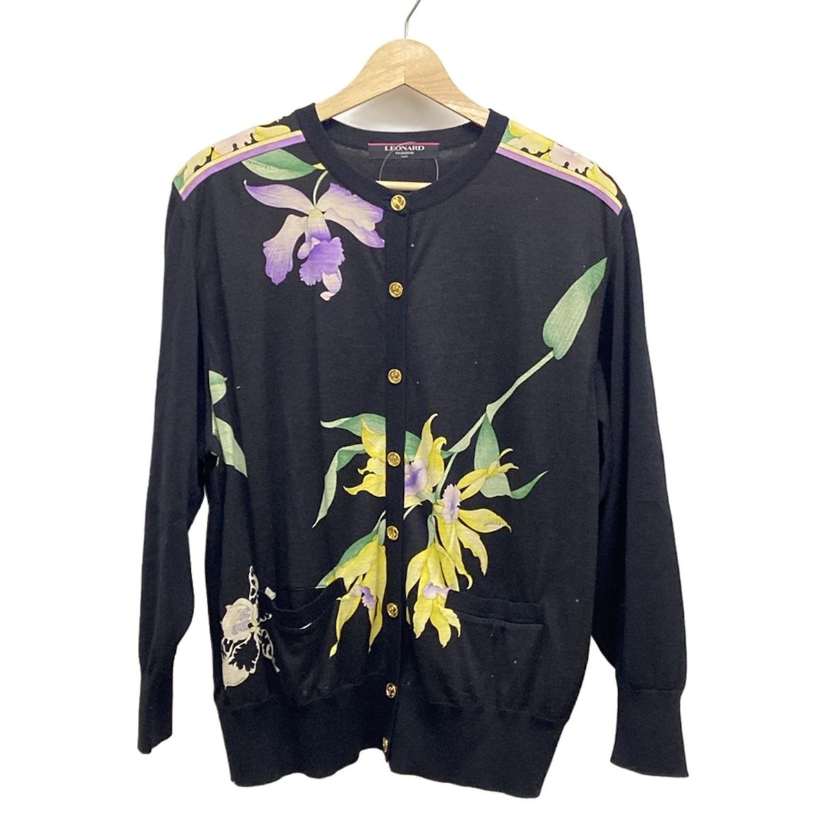 LEONARD レオナール カーディガン サイズL レディース - 黒×イエロー×マルチ 長袖 花柄