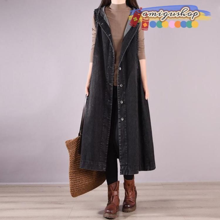 S-4L！ ロングベスト デニムベスト フード付き 春 夏 秋 薄手 レディース ゆったり ノースリーブ ジャケット 羽織り ロング丈 カ S-4L！ ロングベスト デニムベスト フード付き 春 夏 秋 薄手