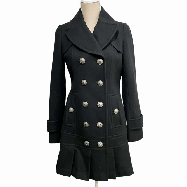 バーバリーブルーレーベル BURBERRY BLUE LABEL チェスターコート ロング ダブル プリーツ フリル バックベルト ロゴボタン 裏地ノバチェック 黒 ブラック 38 約M IBO71