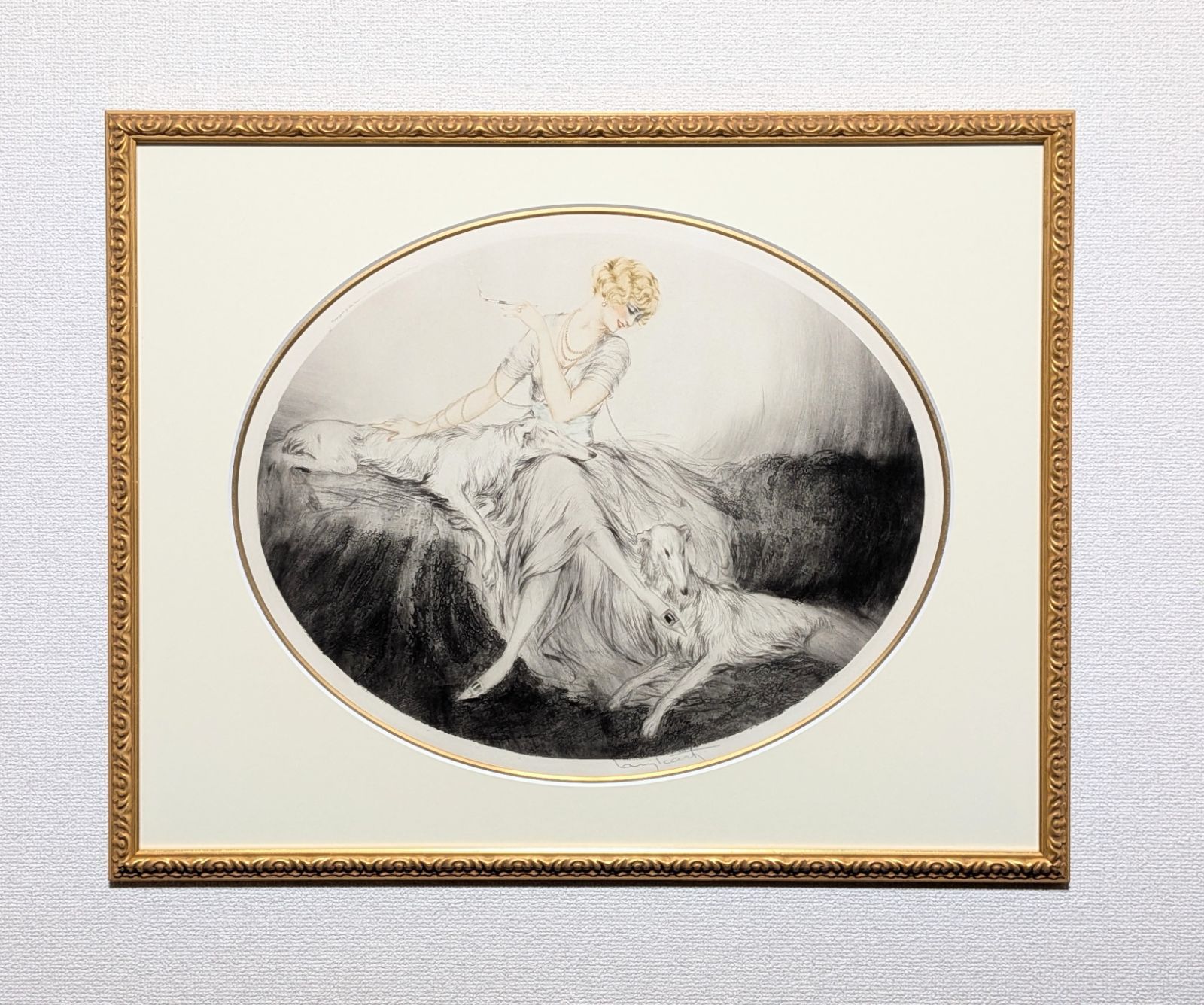 真作 ルイ イカール 女とボルゾイ犬 直筆サイン