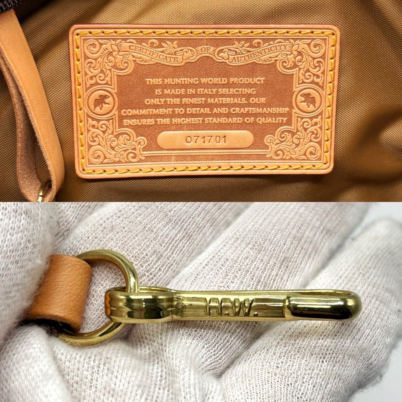 HUNTINGWORLD ハンティングワールド クラッチバッグ ポーチ ハンドバッグ バチュークロス レザー 革 グリーン 緑色 ベージュ 肌色 ロゴパッチ ユニセックス 男女兼用 メンズ レディース DECORATOM_COM_BR