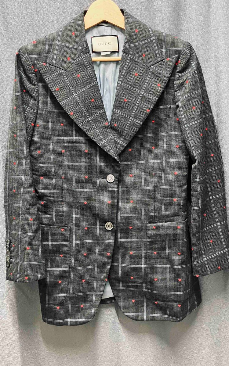 GUCCI グッチ グレンチェックウールジャケット ハート刺繍柄 グレー系 レディースサイズ40