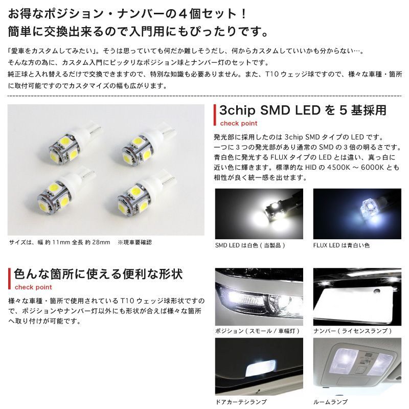 車検対応】 CT9A ランサーエボリューションVII [H13.2～H14.12] LED ポジション ナンバー 4点セット パーツ 入門に最適  T10 ウェッジ球 3chip SMD LED スモール ランプ 車幅灯 ライセンス - メルカリ