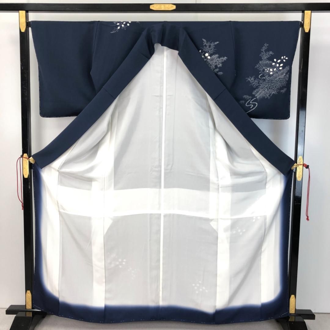 付下げ 絞り 花草模様 紺鉄色 しつけ糸 K-5264