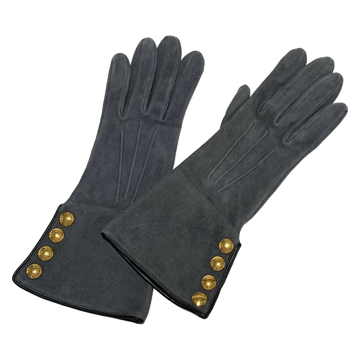 HERMES エルメス 手袋 レディース - グレー×黒 ゴールド金具 シルク レザー