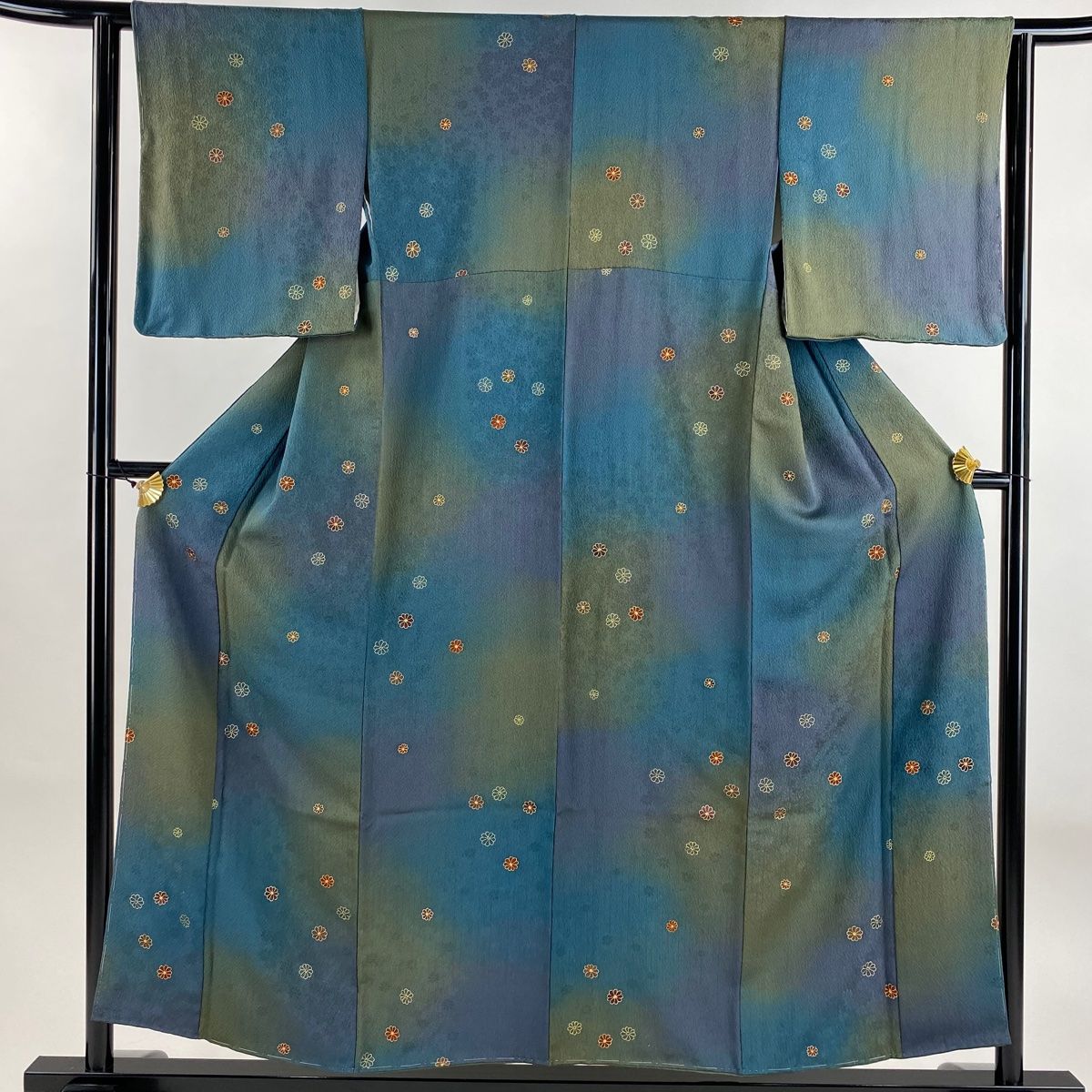 小紋 身丈155.5cm 裄丈62cm S 袷 地紋 花 金彩 ぼかし 青緑 正絹 秀品