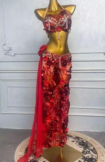 ベリーダンス オリエンタル衣装 レース レッド ブラスカート オーダー