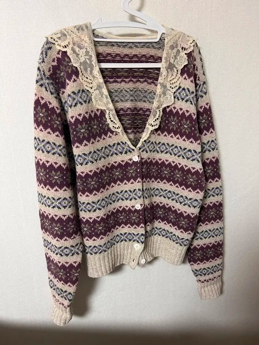ヴィンテージ フェアアイル カラ―レイ レース カーディガン