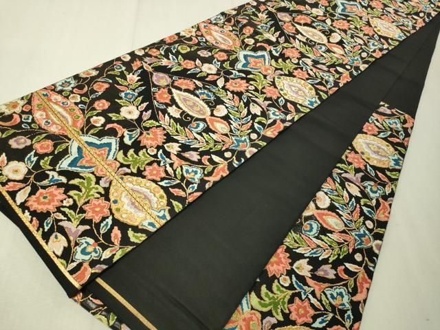 平和屋着物▽六通柄 本袋帯 更紗唐草文 黒地 金糸 正絹 逸品