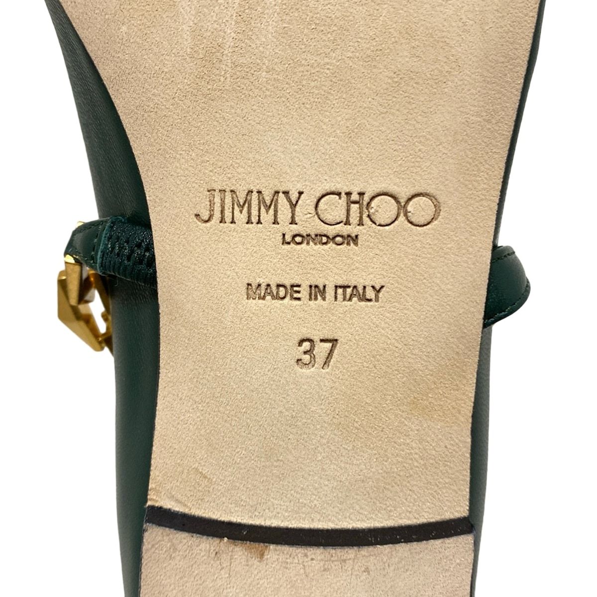 JIMMY CHOO フラットシューズ　37 ジミーチュウカーキレザー×ビジューバレエシューズ37 1/2 (Jimmy