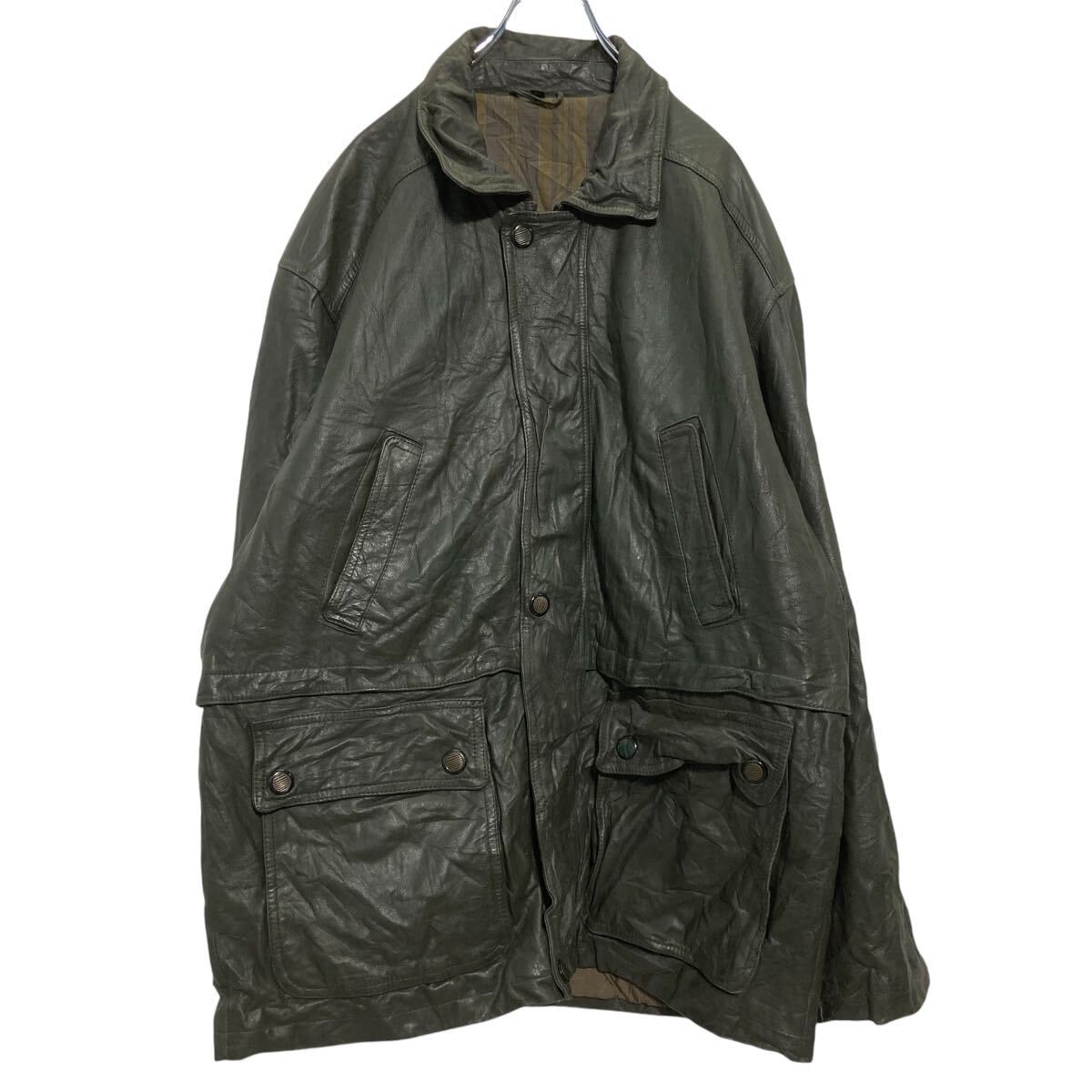 ジップアップ レザージャケット XL オリーブ ビッグサイズ 古着卸 アメリカ仕入 a610-5218