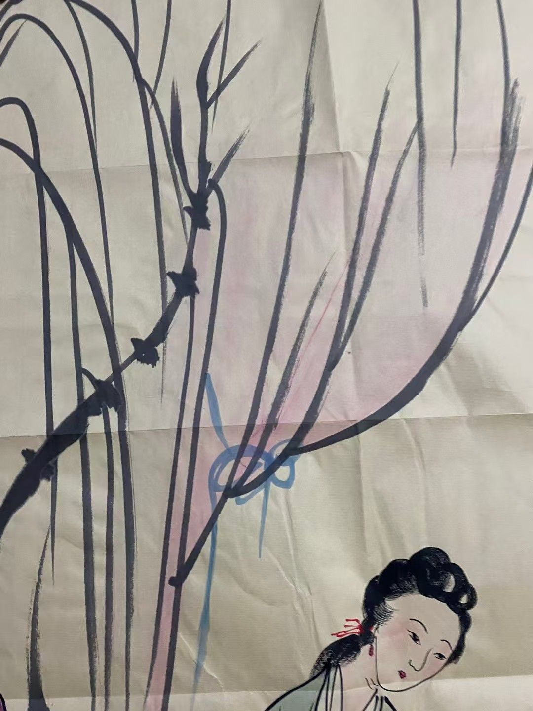 中国古美術・仕女図三尺画芯・唐寅印款・水墨彩色画・純