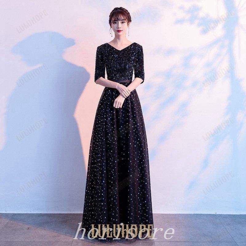 ロングドレス演奏会演奏会用ドレスパーティードレス結婚式ドレスワンピースレディース大人ピアノ発表会二次会お呼ばれ4色