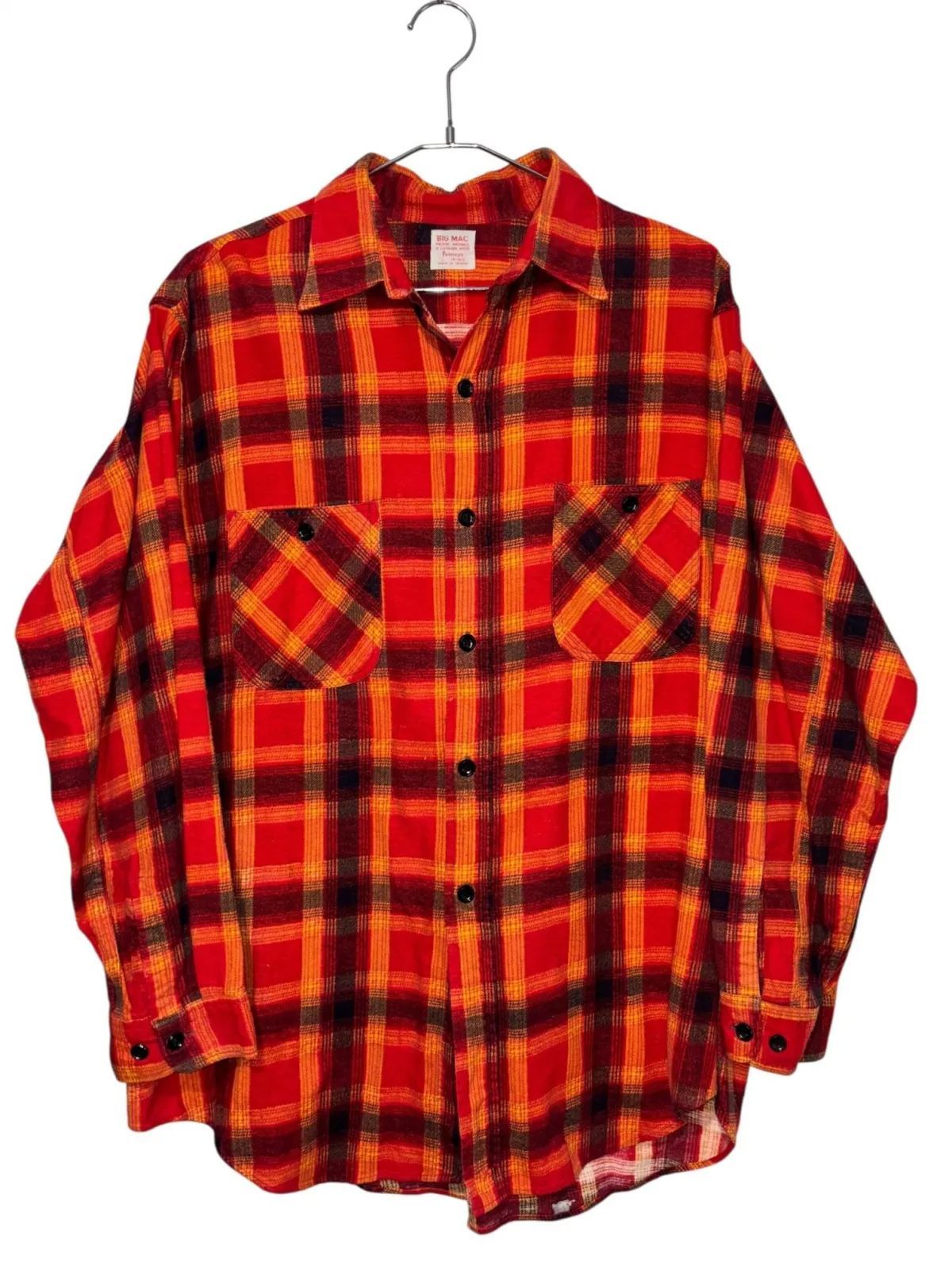 60s VINTAGE BIGMAC Print Flannel Shirt L ORANGE RED 60年代 ヴィンテージ ビッグマック プリントネルシャツ プリネル 古着