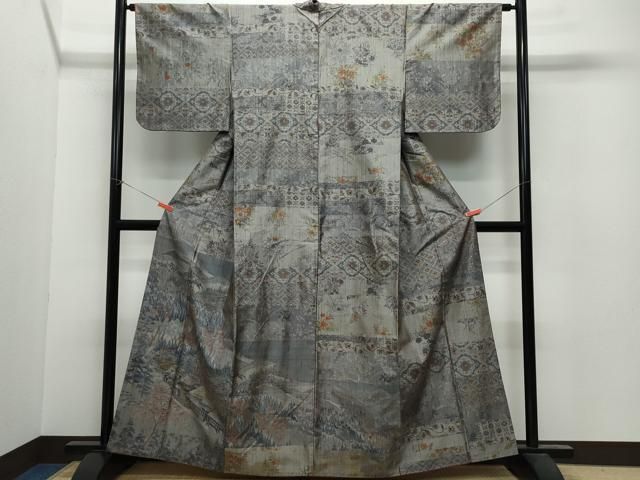 平和屋着物●訪問着 小千谷紬 遠山風景草花文 正絹 CAAU9857vf