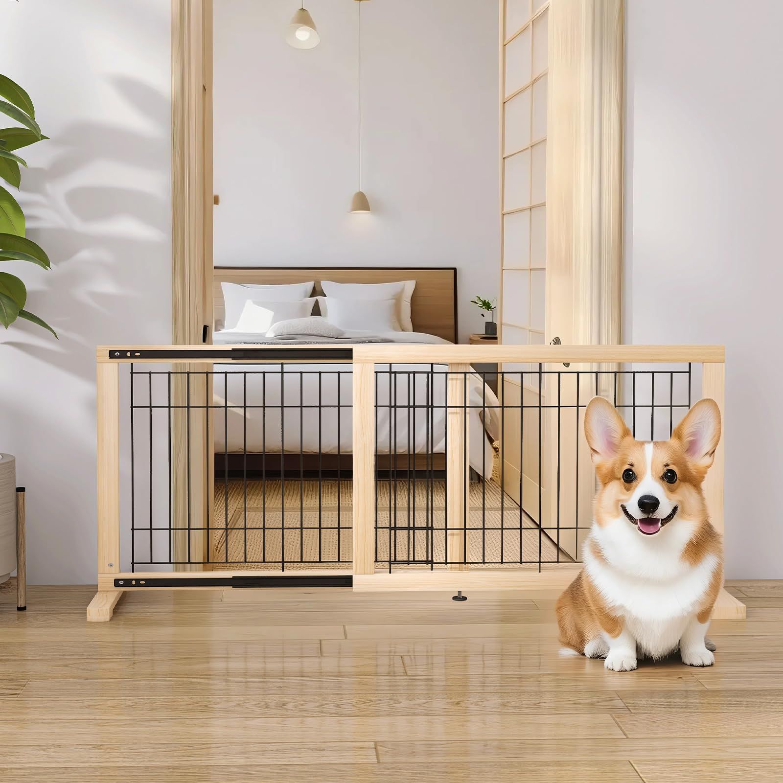 U-Yocanpet スライド式ペットゲート 置くだけ 高さ50cm 設置幅60-115cm 木製 犬用ゲート 犬 フェンス 室内 中小型犬用 倒れない 飛び出し防止柵 脱走防止ペットガード 広がる 伸縮