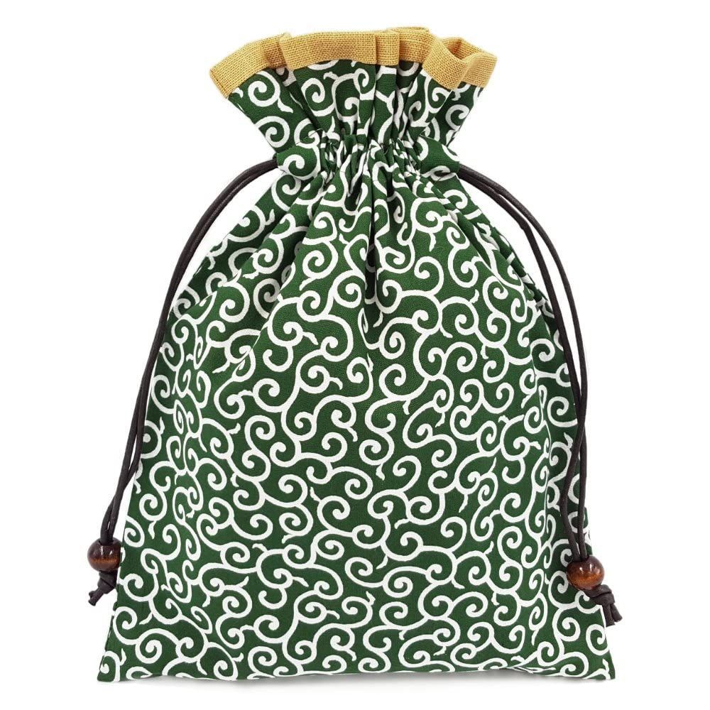 裏地付き 和柄 緑 唐草模様×黄色 巾着袋 ハンドメイド 日本製 和小物 和雑貨
