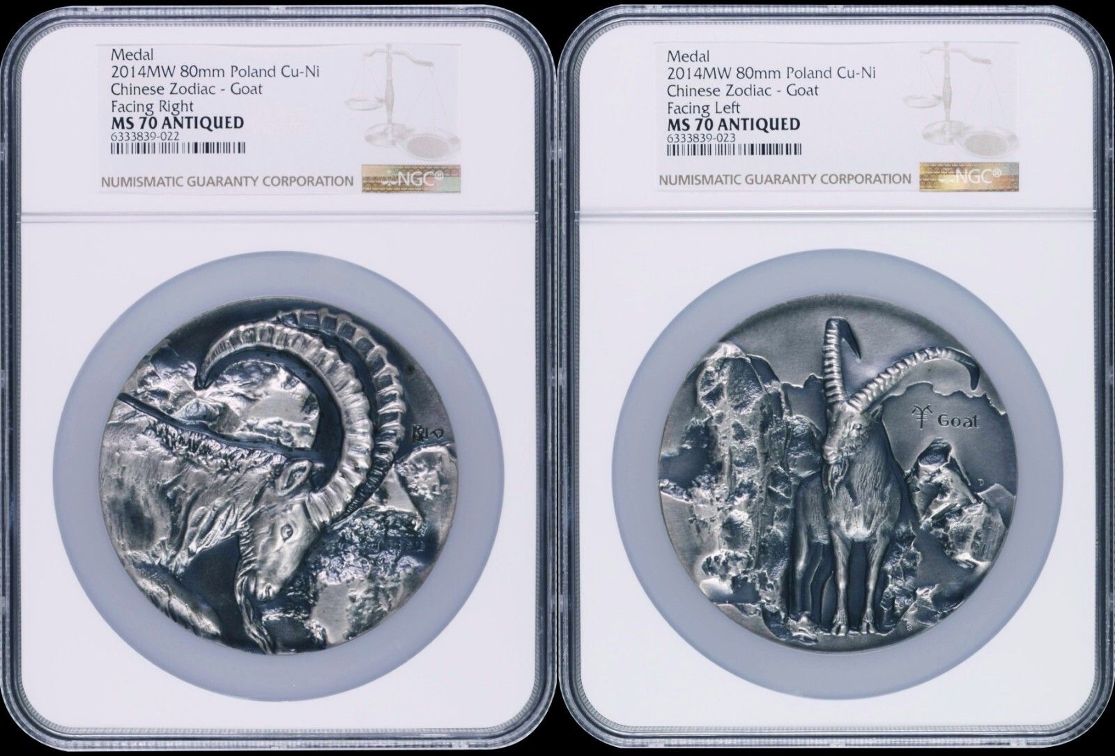 A Pair of NGC MS70 China 2014 Lunar Goat Zodiac Cu-Ni Medal 80mm