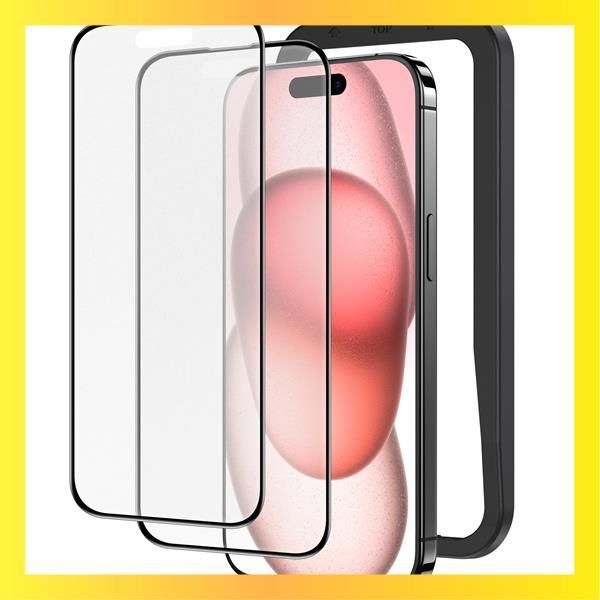 NIMASO アンチグレア iPhone 15 用 ガラスフィルム 全面保護 反射防止 黒縁あり 強化ガラス フィルム サラサラ 高感度タッチ ゲームフィルム ガイド枠付き 2枚セット アイフォン 15（6.1インチ）対