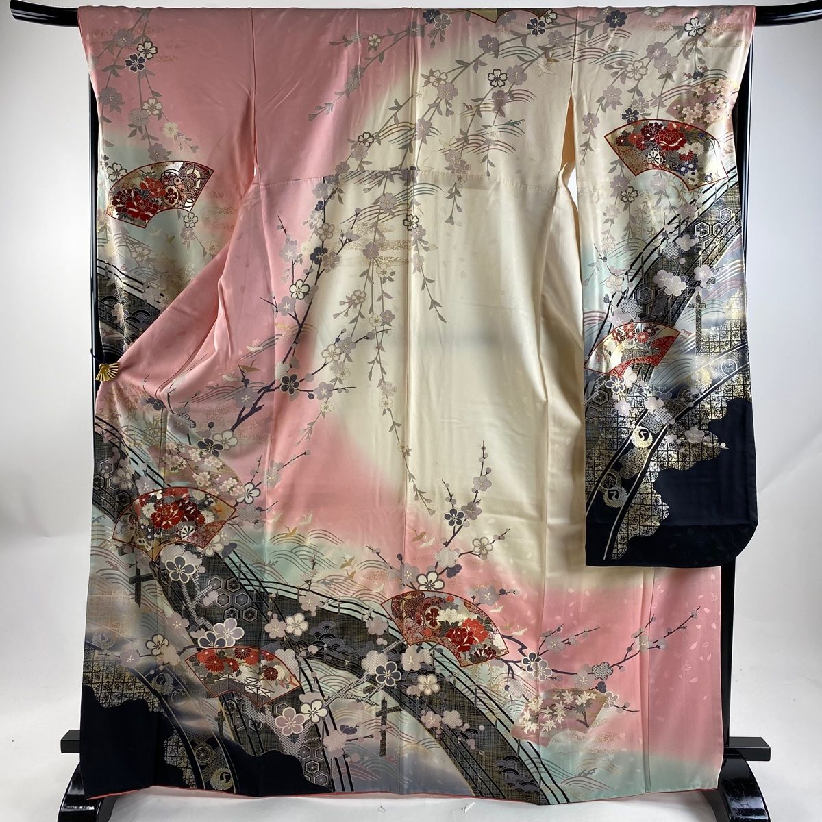 振袖 身丈169cm 裄丈68cm L 袷 扇面 橋 金糸 金銀彩 ピンク 正絹 優品