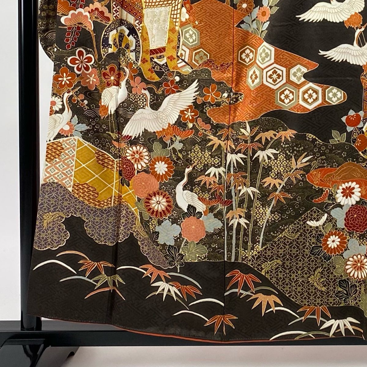 振袖 身丈159cm 裄丈64cm M 袷 御所車 鶴 金糸 金彩 焦茶色 正絹 秀品