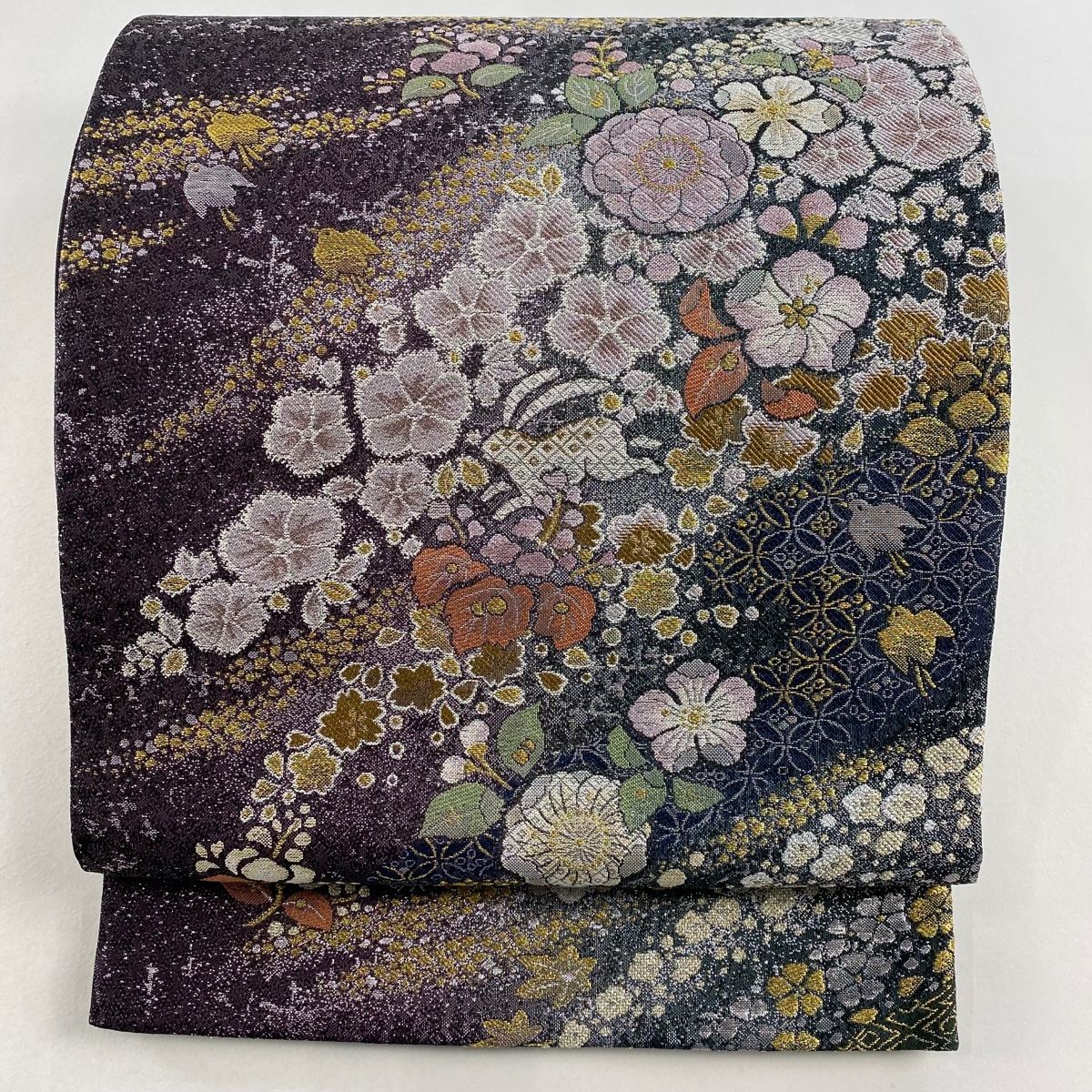 袋帯 名品 やまと 草花 七宝 箔 紫 六通 正絹