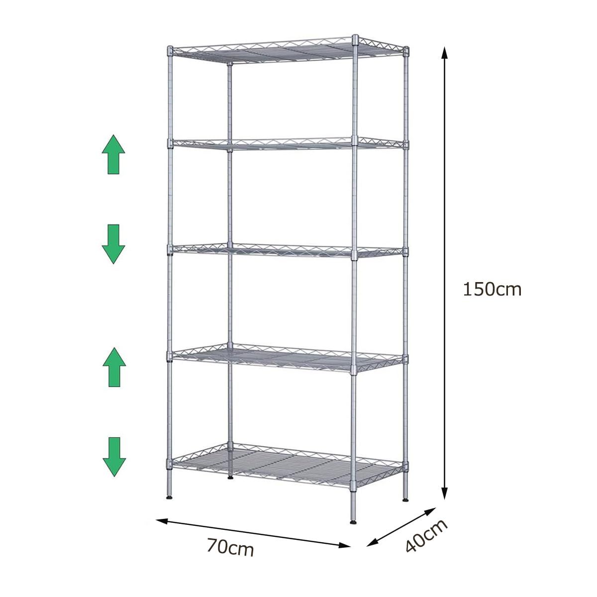 簡素な 送料無料 スチールラック メタルラック キッチンラック 本体 高さ調節 5段 防サビ加工 棚 収納 頑丈 キャスター付き シルバー 幅70×奥行40×高さ150cm