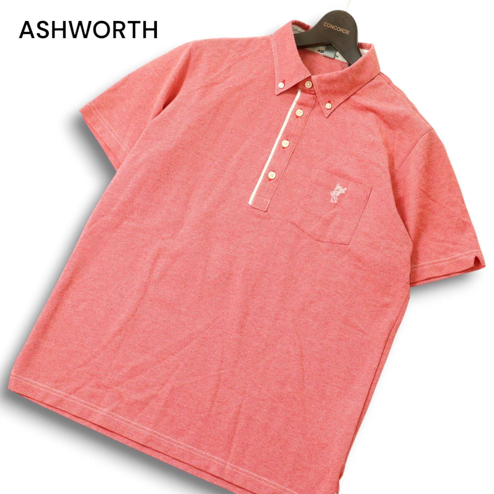 格安，得価 ASHWORTH アシュワース ゴルフ 春夏 ロゴ刺繍★ 半袖 ボタンダウン ポロシャツ Sz.L メンズ 日本製 シャツ