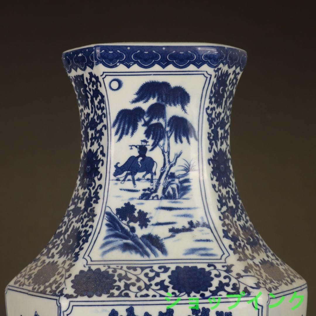 中国美術  青花山水花鳥紋六方扁瓶 景徳鎮 陶磁器 装飾品 工芸品 美術品 置物 中国美術 青花山水花鳥紋六方扁瓶 景徳鎮 陶磁器 装飾品 工芸品