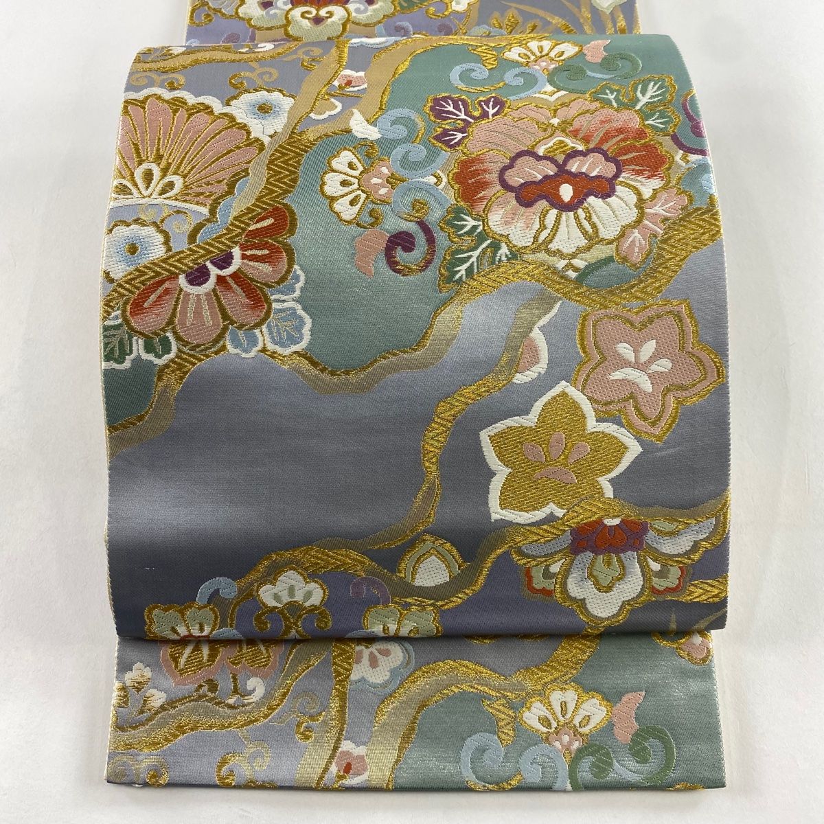 美品 袋帯 秀品 花唐草 枝梅 金糸 箔 青灰色 六通 正絹 美品 袋帯 秀品 花唐草 枝梅 金糸 箔 青灰色 六通 正絹