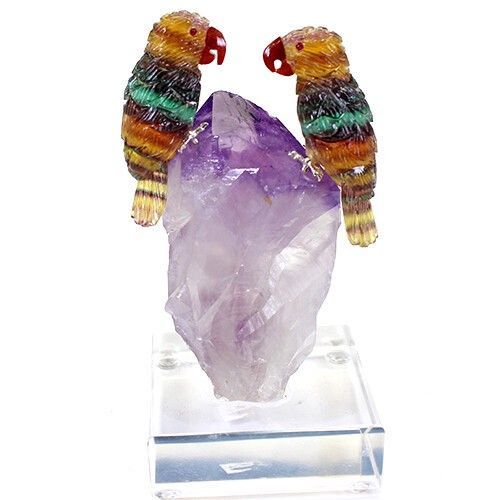 D300-28 極上彫刻品 2匹 フローライト インコ アメジスト結晶 置物 D300-28）極上彫刻品 2匹 フローライト インコ アメジスト結晶 置物
