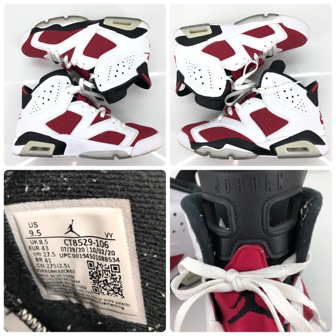 05r8843 ナイキ NIKE エアジョーダン 6 レトロ AIR JORDAN 6 RETRO ホワイト/カーマイン/ブラック  WHITE/CARMINE-BLACK 27.5cm ベトナム製 メンズ スニーカー CT8529-106【中古品】