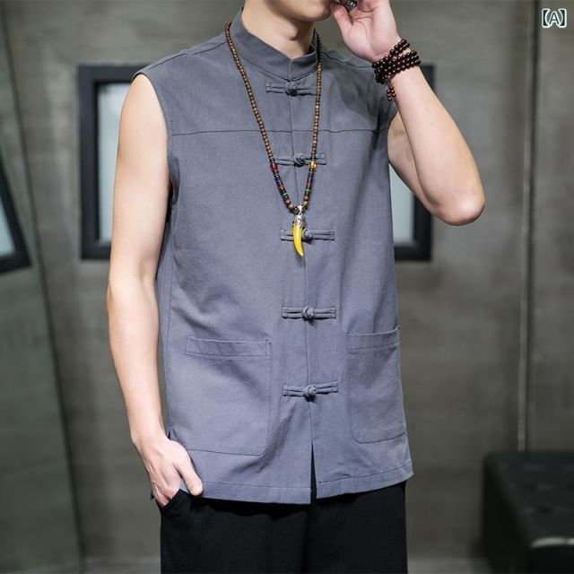[L ]秋冬 コーデ メンズ  服 シンプル ファッション オシャレ 大人 かっこいい 大きいサイズ ストリート 紳士服  唐装 リネン ベスト アンダー シャツ コート 綿 ノースリーブ チョッキ レトロ
