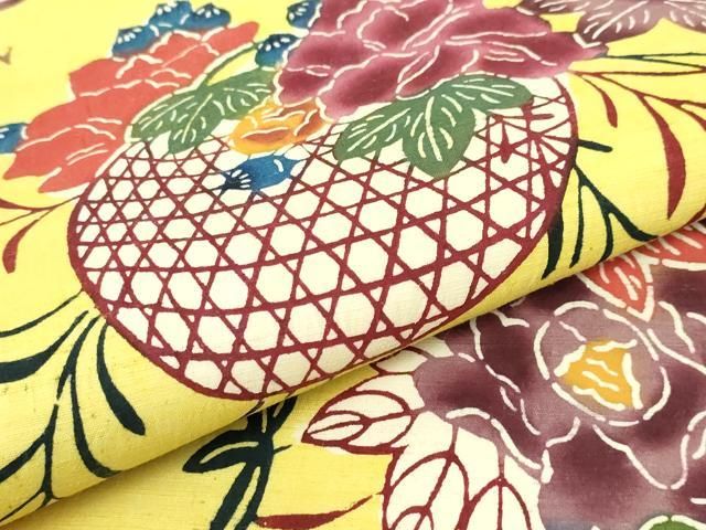 平和屋本店□極上 本場琉球紅型 九寸開き名古屋帯 燕 花籠 逸品 未使用