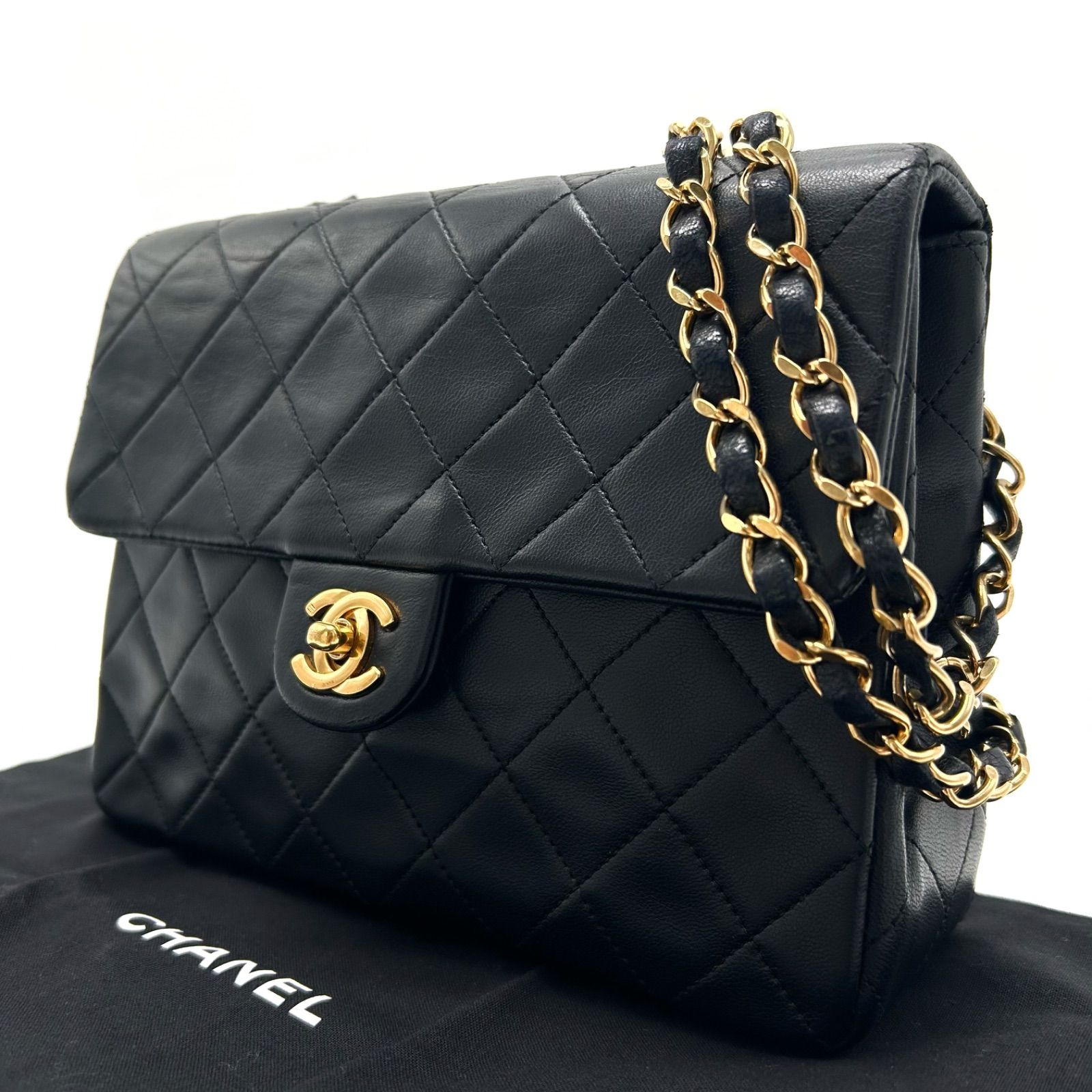 CHANEL シャネル ミニマトラッセ チェーン ショルダーバッグ 肩掛け 斜めがけ シングルフラップ ターンロック ココ金具 ゴールド金具 シール跡有 ブラック メンズ レディース ユニセックス