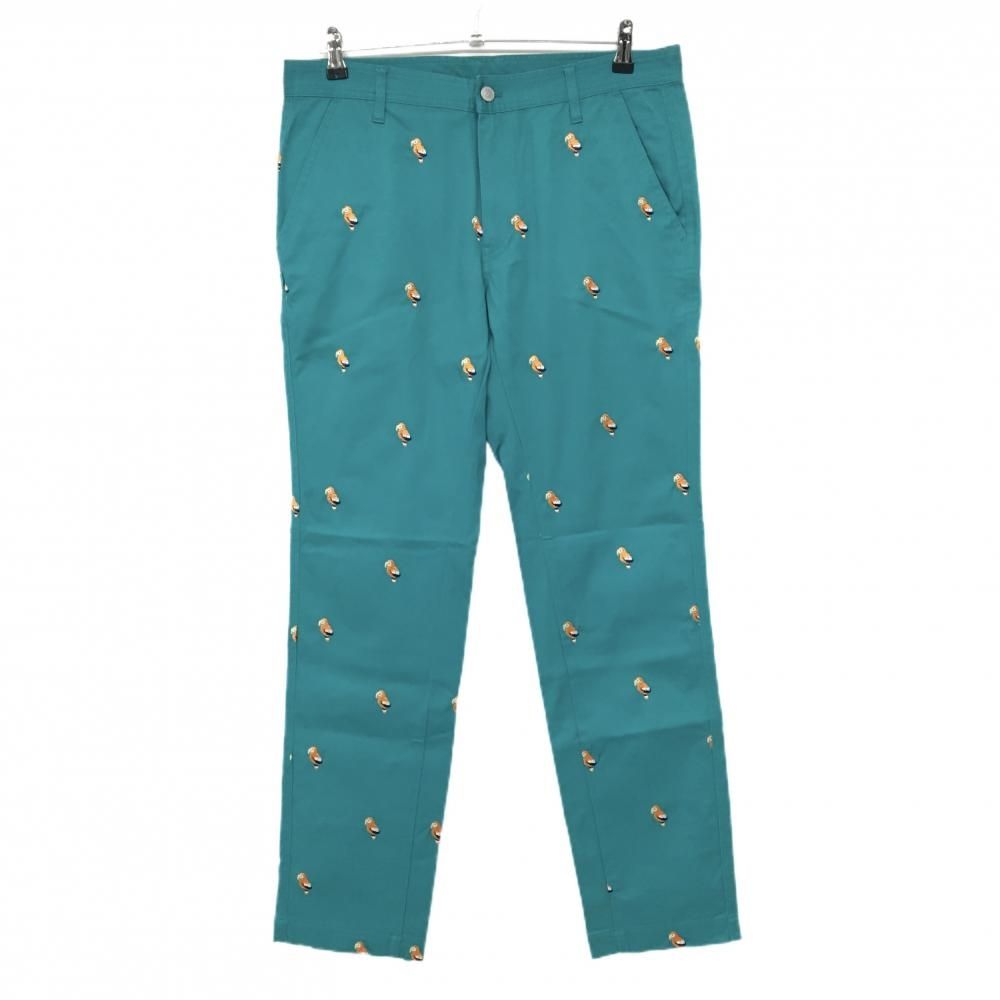 【美品】ジャックバニー パンツ エメラルドグリーン×オレンジ 鳥刺しゅう総柄 ストレッチ  メンズ 6(XL) ゴルフウェア Jack Bunny