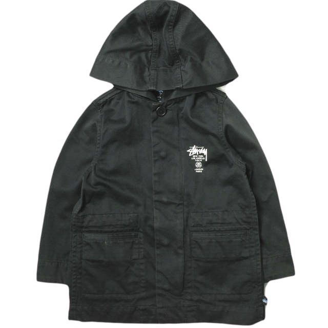 STUSSY ステューシー KIDS ワールドツアーロゴ コットンツイル フーデッドジャケット S/90 ブラック 子供用 キッズ ジャンパー アウター g16695