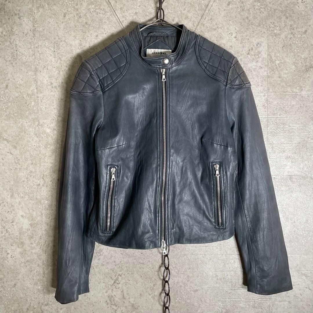 イギリス unknown LONDON ライダースレザージャケット 本革 riri JS アンノウンロンドン サイズ10 グレー系