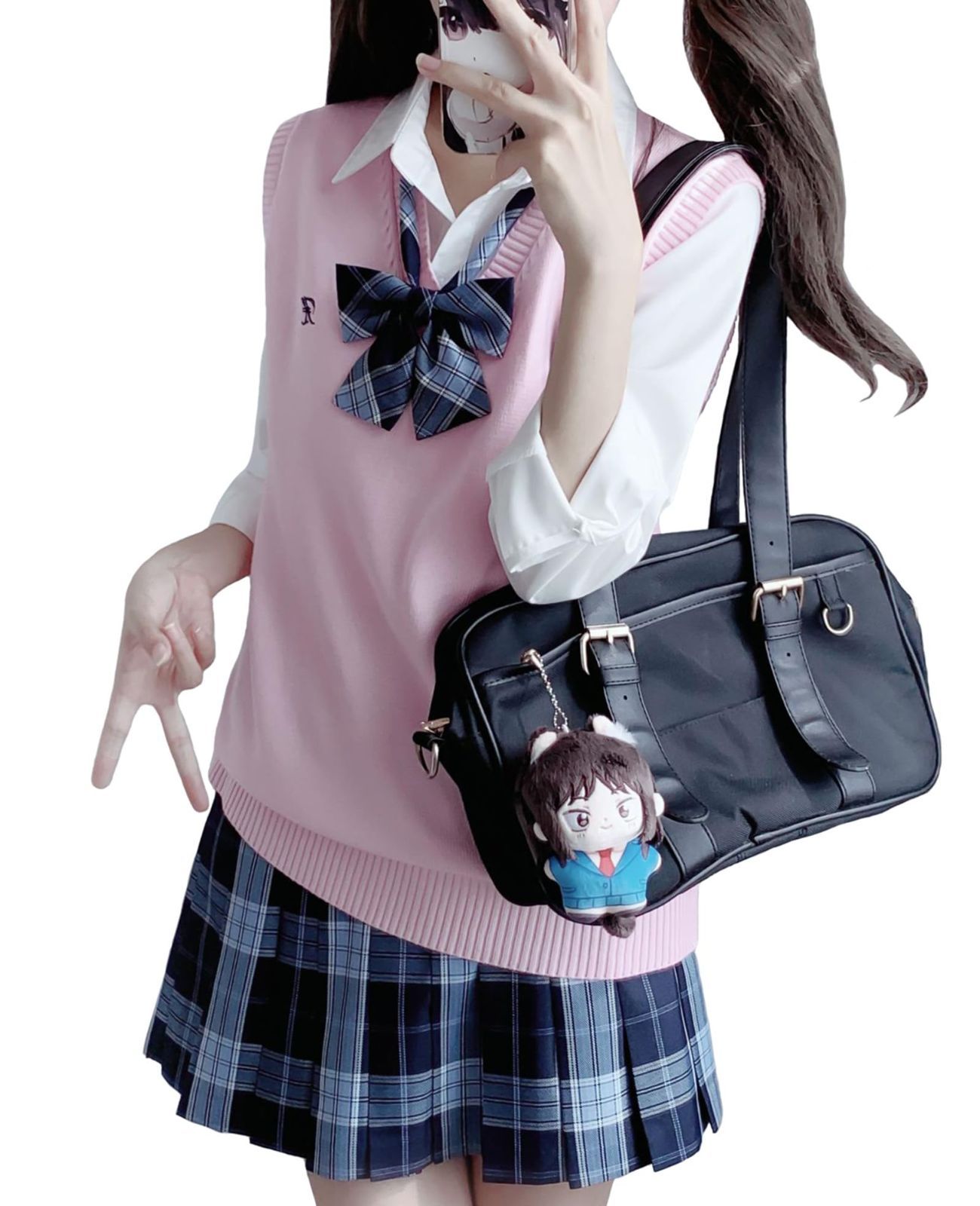 商品 QOOLY 女子高生 制服 ニットベスト チェックスカート 長袖シャツ 蝶結び 4点セット スクール ニットウェア 女子高校生 コスプレ 女子制服 学生服 JK制服 コスチューム 仮装 学園祭 文化祭 卒業式 入学式