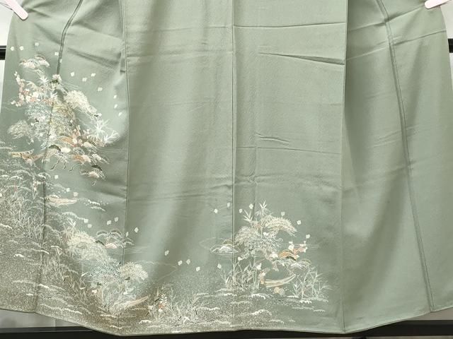 平和屋着物▽訪問着 単衣 松竹梅風景文 たたき染め 金彩 正絹 逸品