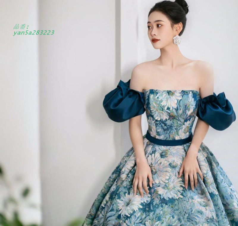 イブニングドレス 演奏会ドレス ブルー オフショルダー ロングドレス 発表会ドレス Aライン 結婚式ドレス二次会ドレス プリント花柄 パーティードレス 素敵 yan5a283223